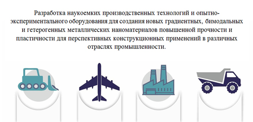 Цель проекта &ndash; разработка наукоемких производственных технологий и опытно-экспериментального оборудования для создания новых градиентных, бимодальных и гетерогенных металлических наноматериалов повышенной прочности и пластичности для перспективных конструкционных применений в различных отраслях промышленности